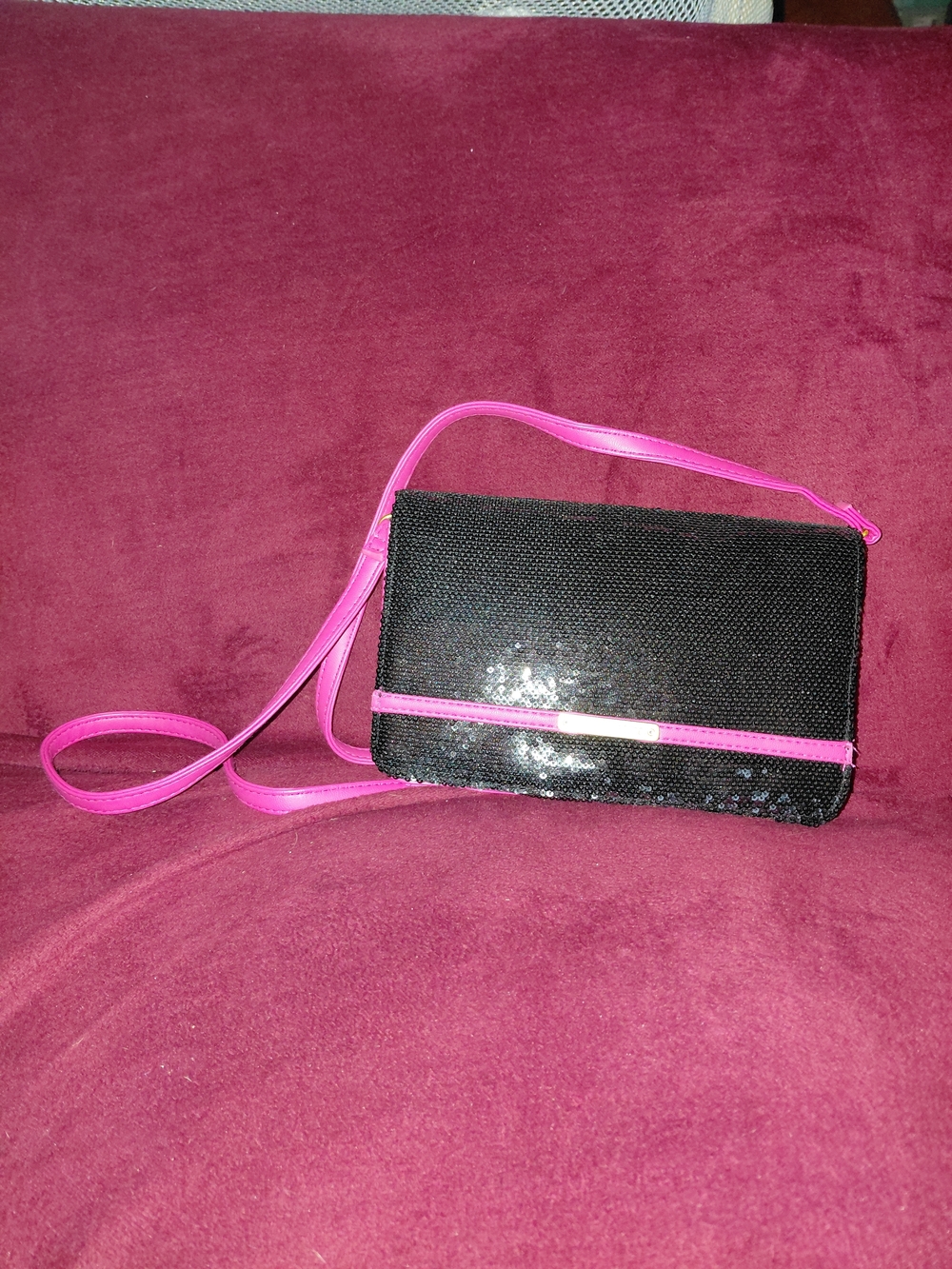 Juicy Couture Black Sequin Crossbody with Pink Strap